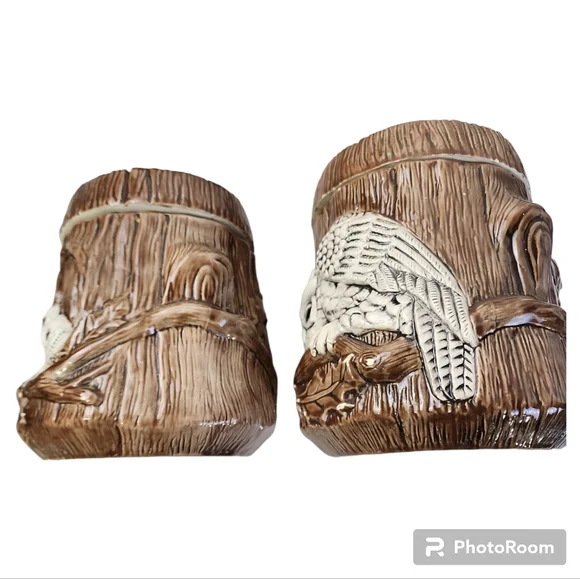 Vintage 1980 Owl Canister Set 2pc Double Sided With Acorn Pull Lids - Picture 5 of 11